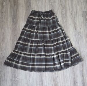 Plaid Tiered Midi Skirt - Brown/Cream